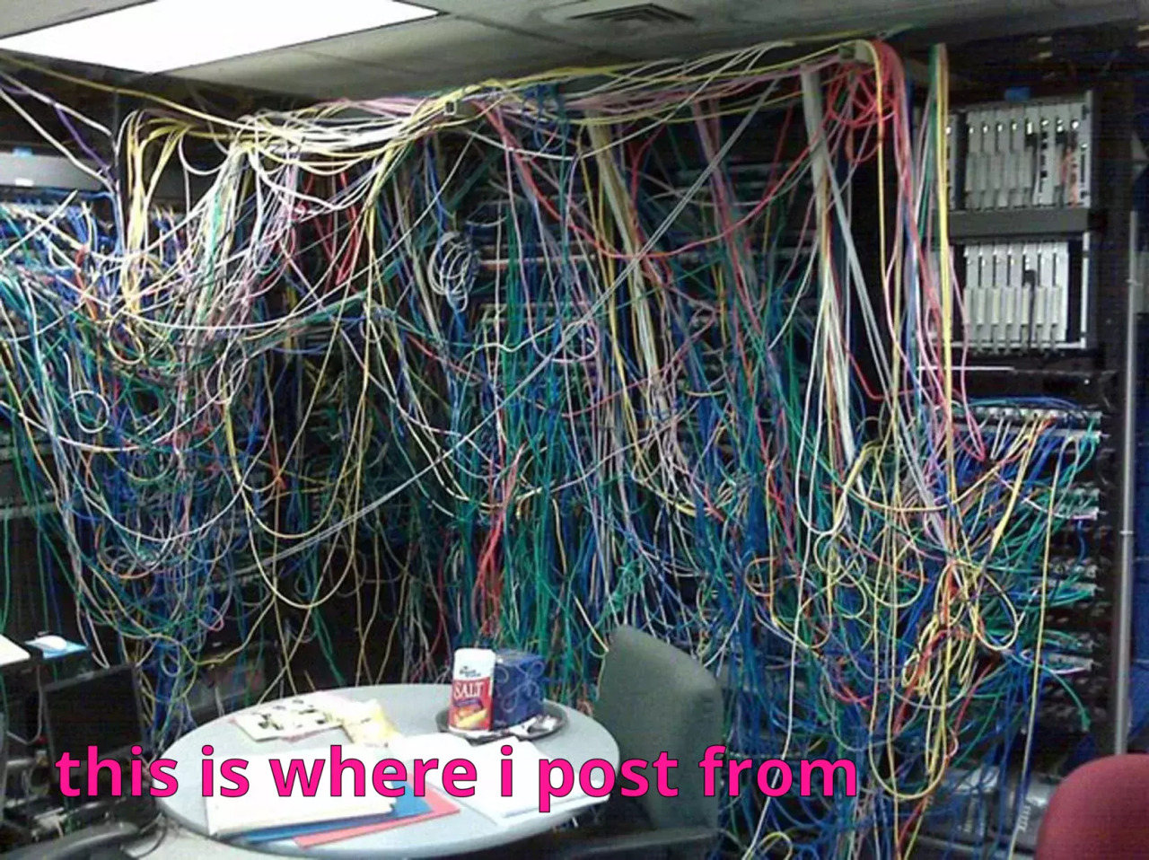 Where I post from (a room full of poorly-managed wires)